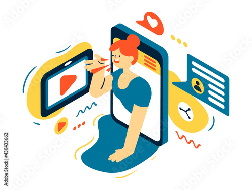 Young woman transmits a message from the phone screen. A person puts his hand to face - a gesture of conveying a message, information. Vector illustration.