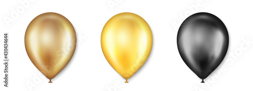 Birthday balloons vector set. Golden and black balloon for wedding celebration. Celebrate Anniversary, Helium gold balloon. Festival romantic decorations. Realistic birthday party elements. Vector