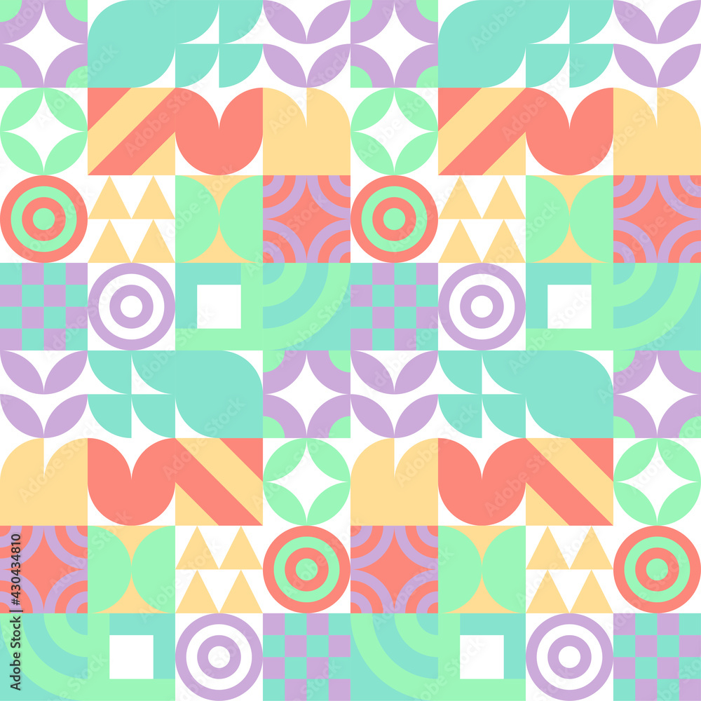 Seamless Bauhaus Abstract vector background. Retro geometric pattern. Simple shapes mosaic. Seamless Bauhaus Abstract vector background. Retro geometric pattern. Simple shapes mosaic.