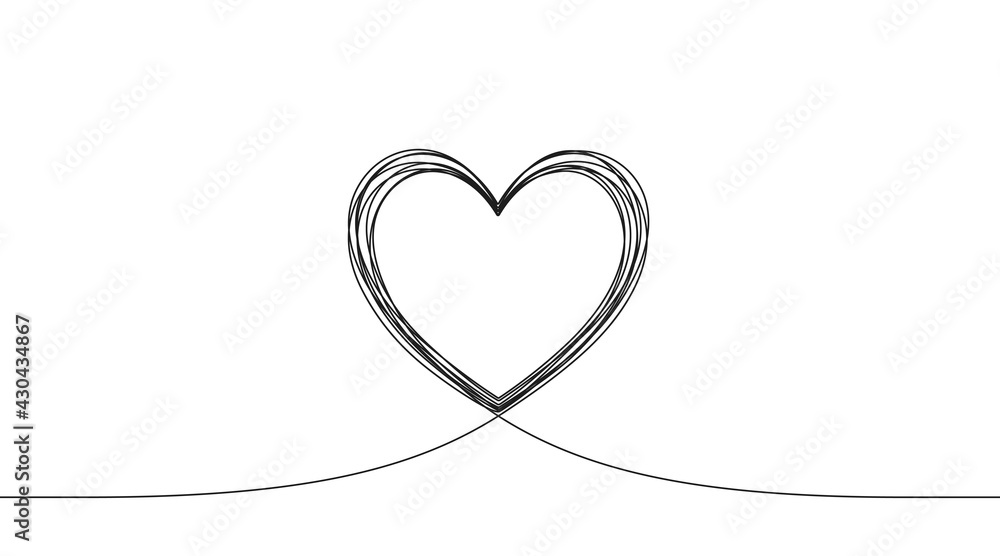 Continuous line love icon. One heart silhouette shape. Valentine day love icon on white background. Heart doodle sketch with continuous line. Handdrawn romantic Valentine day silhouette. Vector