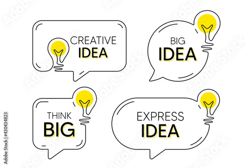 Continuous line idea speech bubble icon. Chat message with light bulb silhouette. Big and creative idea think balloon. Handdrawn electric light bulb silhouette. Chat bubble with express idea. Vector