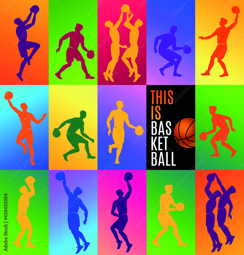 This is Basketball Concept Poster and Banner with Players silhouettes Flat cartoon icons on isolated multicolored background