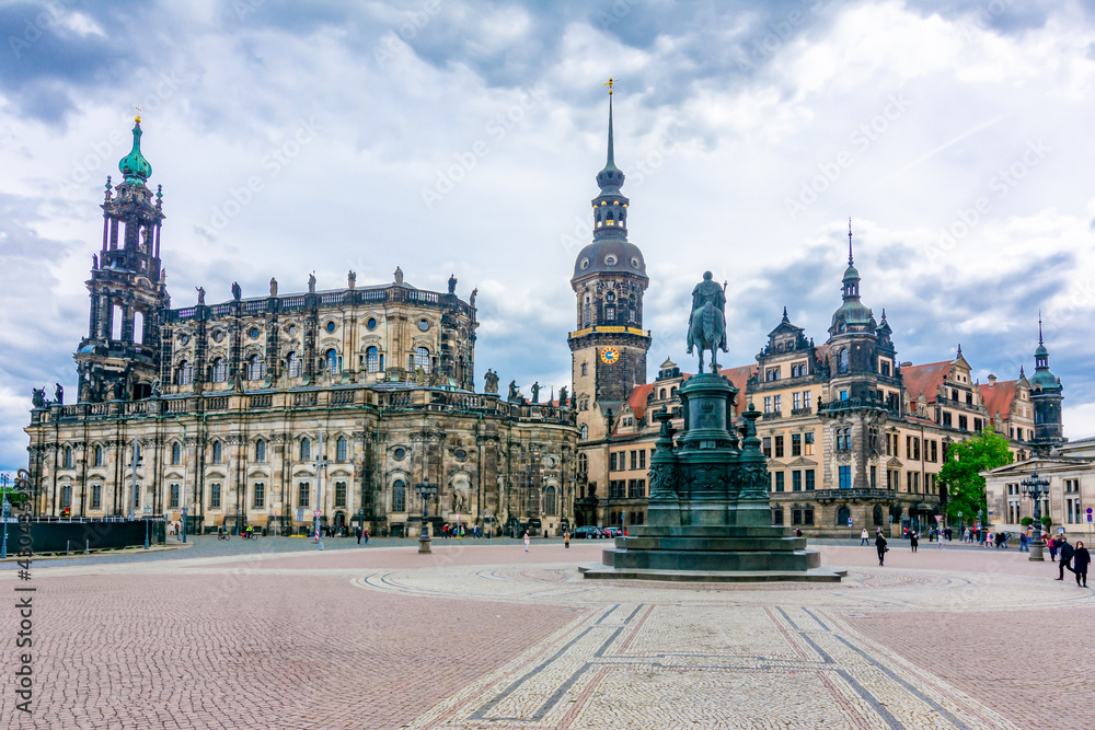 Fototapeta premium Dresden Cathedral, Dresden Castle and King Johann Statue on Theaterplatz square, Germany