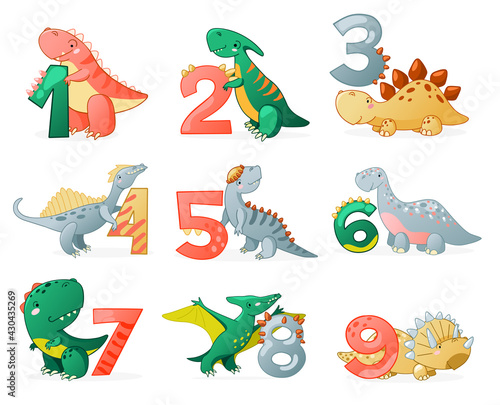 Cute dinosaur cartoon numbers. Vector elements for designing kids birthday or dino party invitation, greeting card, sticker, banner, logo, icon, poster.