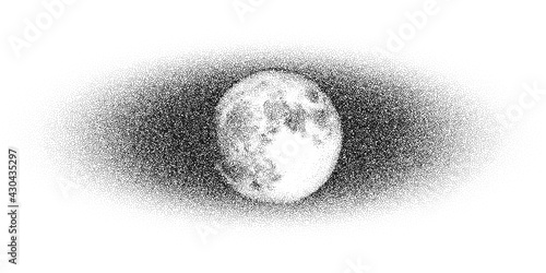 Dotwork Moon night pattern vector background. Sand grain effect. Black noise stipple dots satellite. Abstract noise dotwork pattern. Black dots Moon night banner. Stipple circles. Dotted vector.