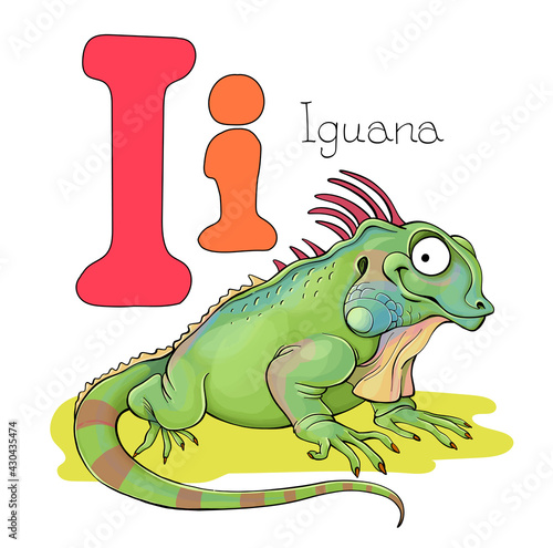 Vector illustration. Alphabet with animals. Large capital letter I with a picture of a bright cute iguana.