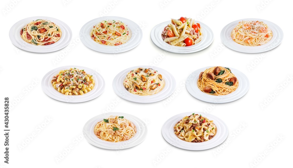 Set of pasta with meat, chicken, bacon; shrimp, tuna, mussels, tomatoes in a plate on a white isolated background Set of pasta with meat, chicken, bacon; shrimp, tuna, mussels, tomatoes in a plate on a white isolated background