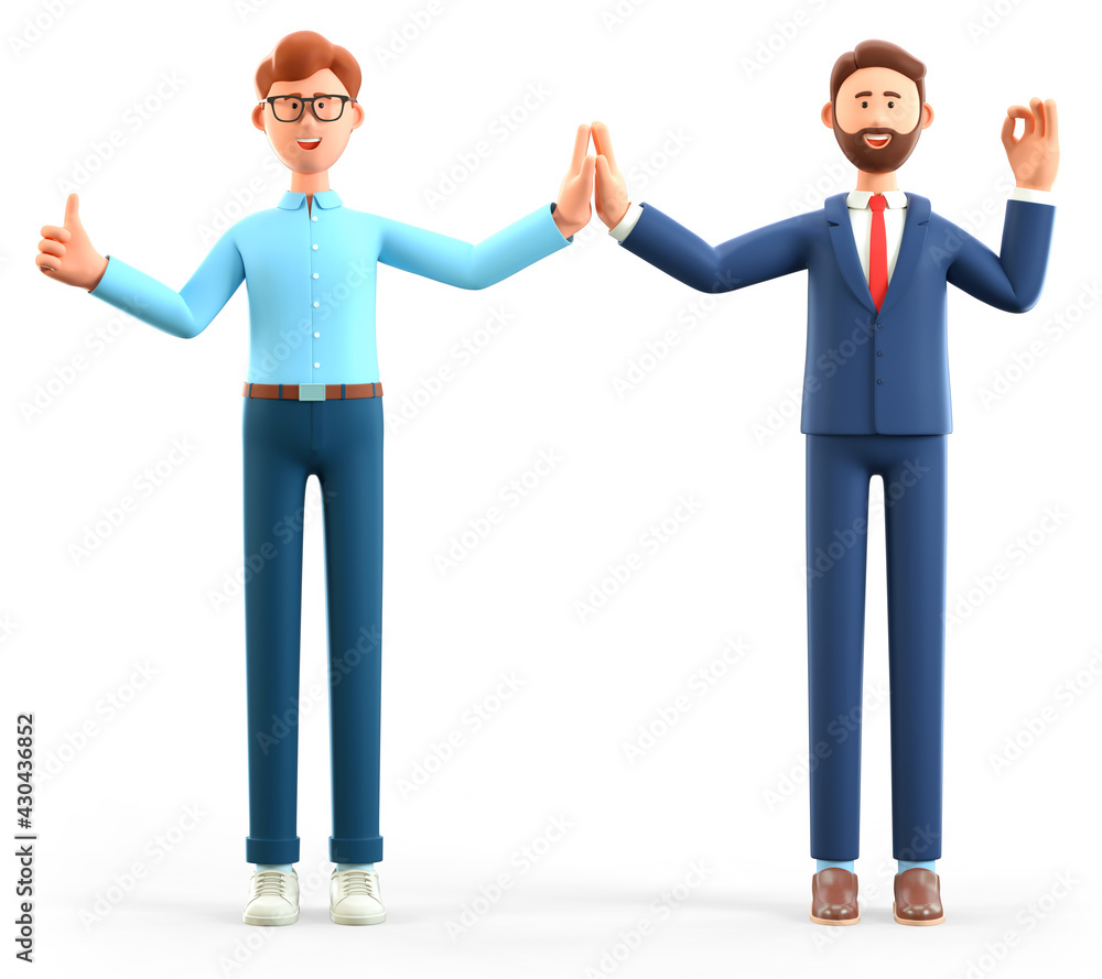 3D illustration of businessmen informal greeting. Happy office people giving high five and gesturing ok sign. Cartoon male characters. Successful partnership, friendship and cooperation. 3D illustration of businessmen informal greeting. Happy office people giving high five and gesturing ok sign. Cartoon male characters. Successful partnership, friendship and cooperation.