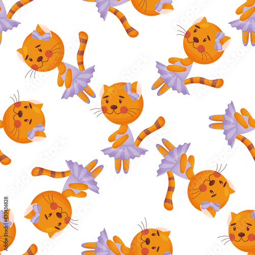 Vector seamless pattern in child style with a cat ballerina.