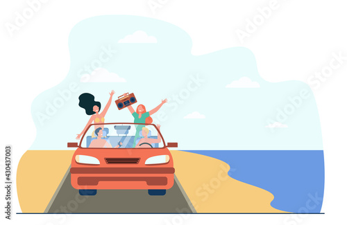 Happy young people riding on beach in car. Sea, vehicle, recorder flat vector illustration. Vacation and holiday concept for banner, website design or landing web page