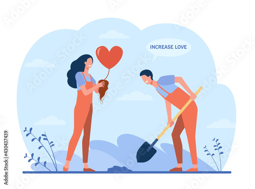 Happy couple growing heart plant. Shovel, gardener, root flat illustration. Love and planting concept for banner, website design or landing web page
