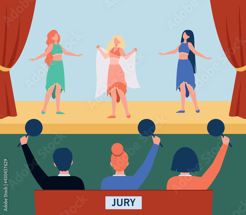 Female dancers performing on dancing contest. Bellydance, costume, jury flat vector illustration. Entertainment and talent show concept for banner, website design or landing web page
