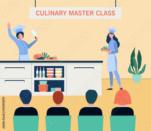 Happy cooks preparing food on culinary master class. Vegetable, chef, kitchen flat vector illustration. Healthy meal and nutrition concept for banner, website design or landing web page