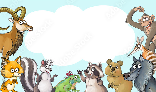 Vector illustration of funny cartoon isolated animals with speech bubble on blue background. Colorful goat, fox, skunk, iguana, raccoon, quokka, wolf, numbat, monkey