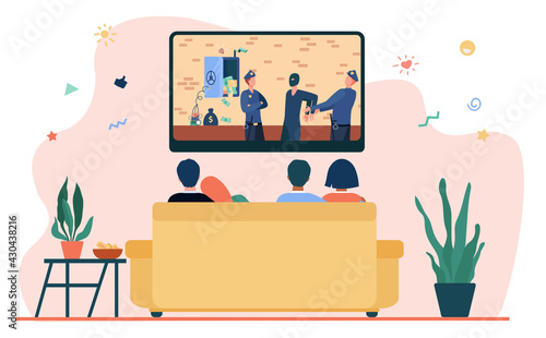 Happy couples watching criminal drama in living room. Sofa, evening, TV flat vector illustration. Lifestyle and entertainment concept for banner, website design or landing web page
