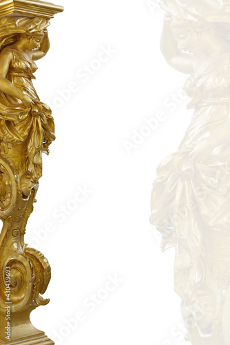Golden caryatid isolated on white background (ancient deity in architecture)