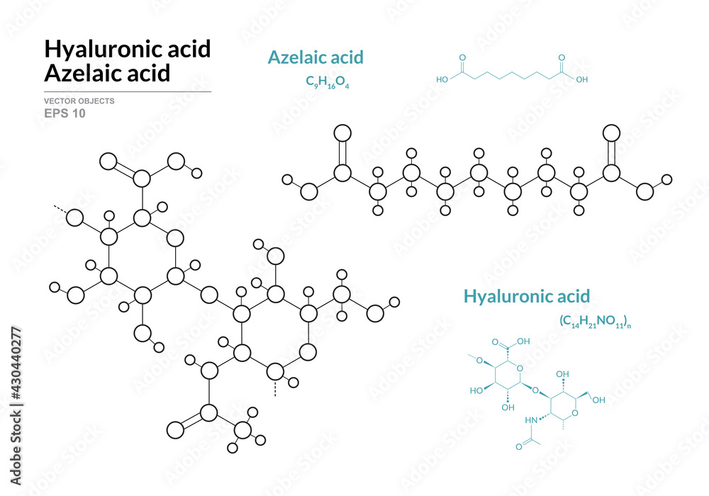Obraz Azelaic and Hyaluronic acid. HA Hyaluronan. Structural Chemical Formula and Line Model of