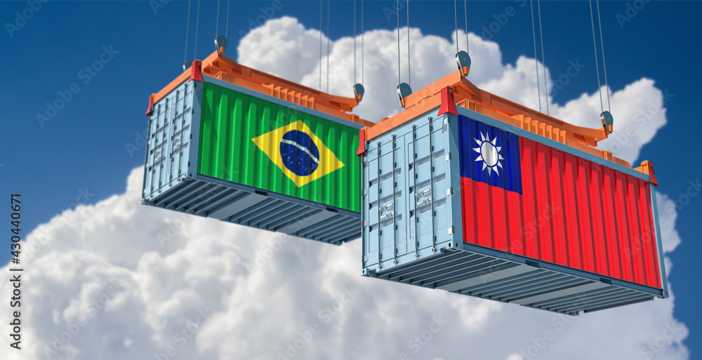 Freight containers with Brazil and Taiwan national flags. 3D Rendering 