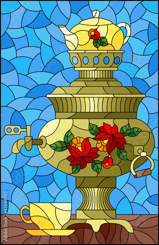 Illustration in the style of stained glass with a bright painted samovar and a cup on the table on a blue background