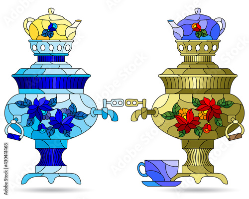 Set of illustrations in the style of stained glass with bright Russian samovars and teapots, dishes isolated on a white background