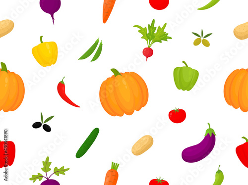 Vegetable colorful seamless pattern. Healthy food collection. Fresh organic elements pattern. Vector illustration isolated on white background.