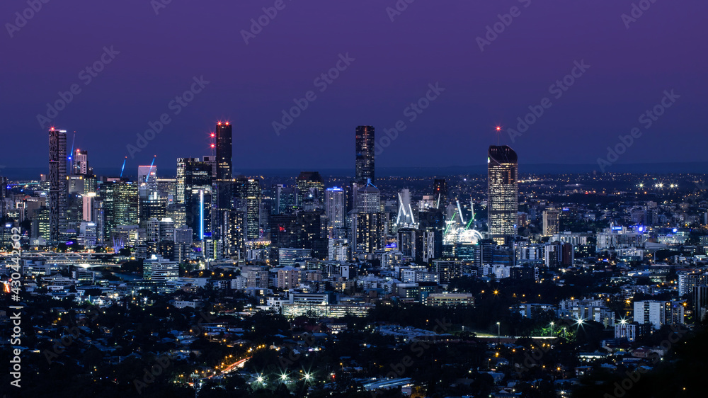 Brisbane City Australia Skyline Landscape at night. Wanderlust and Travel Concept with copy space.