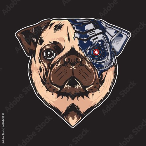 vector illustration cool pug dog vintage robot flat cartoon style
