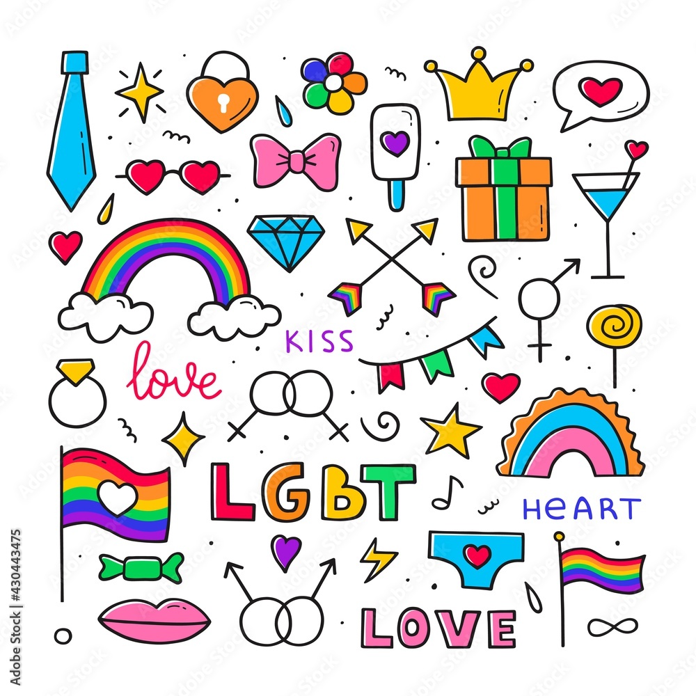 LGBT vector doodle set in color. Gay parade. Hand drawn sketch. Isolated outline illustrations.