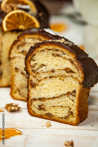Panettone is an Italian type of sweet bread. Freshly baked sweet braided bread. Eastern European freshly baked dessert