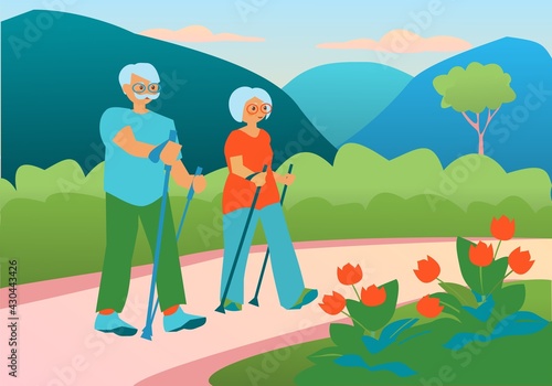 Elderly couple Hiking against the background of the mountain Nordic Walking pensioners Flat vector illustration