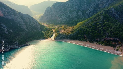 Aerial view of sea bay, coastline and mountains. photo