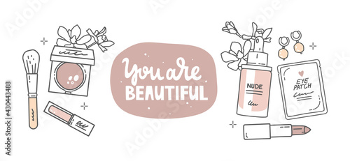 Vector illustrations set, fashion sketch. Makeup brush, powder, lip gloss, flowers. Handwritten lettering you are beautiful, abstract round background. Eye patches, foundation, lipstick, and earrings
