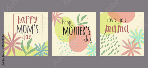 Mother s day abstract background set with pink and green circles  blue confetti  flowers and leaf. Squared templates suitable for banners  ads  wallpapers  social media  posters and more. Vectored. 