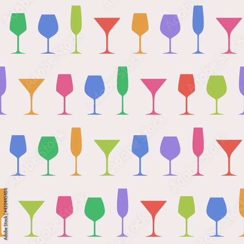 Pattern with glasses silhouettes.Endless background with alcohol drink goblets.Holiday backdrop with simple logos.Icon's background picture for design.Isolated. Vector illustration