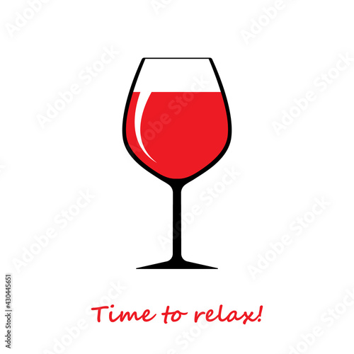 Red wine glass silhouette, beverage goblet with inscription Time to relax. Alcohol drink icon on a white background. Simple logo. Isolated. Vector illustration.