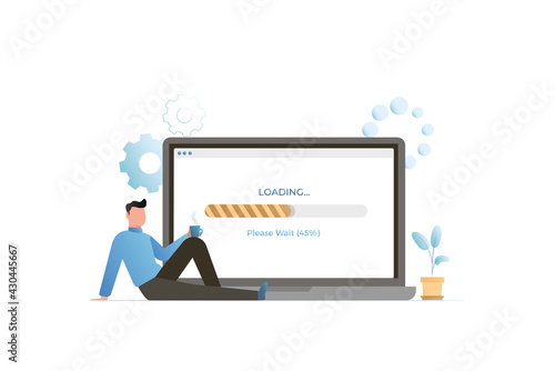 Man with loading bar of information, data, software on screen of laptop, computer. Guy with cup of coffee is waiting for download, installation with interest.