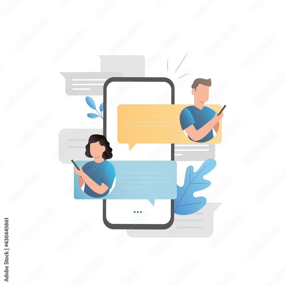 Vector people, friends, acquaintances communicate on Internet, on social networks, messengers in smartphone. Correspondence in messages by e-mail, sms. Virtual online dialogue, acquaintance.