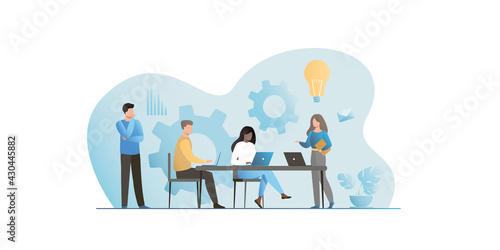 Office people work in team on laptops, write code, scripts, design, create new website, fix bugs, test. Programmers develop application, software. Optimization of seo project, ideas on Internet.
