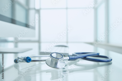 Doctor's desk in clinic with no person. Close up