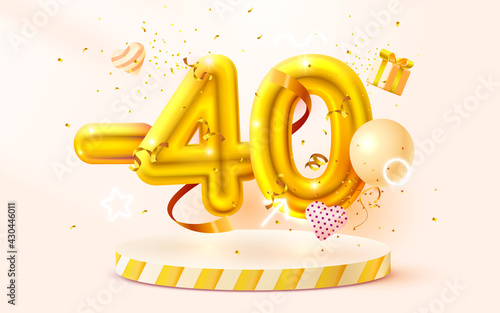 40 Off. Discount creative composition. 3d Golden sale symbol with decorative objects, heart shaped balloons, golden confetti, podium and gift box. Sale banner and poster. Vector