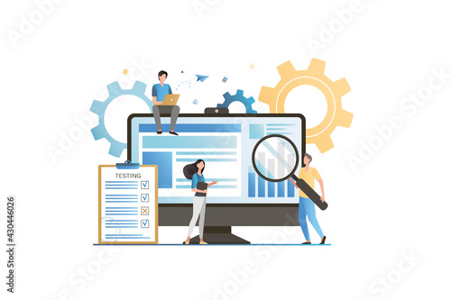 Vecton programmers look for errors on websites, in browser. Setting up on Internet. SEO optimization. People with magnifying glass are working in laptop, computer, testing system. Teamwork on project.