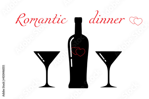 Martini bottle and glasses silhouette,beverage container and goblets.Alcohol drink icon on a white background. Simple logo.Shape basis for the design. Isolated.Vector illustration