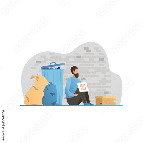 Poor, unhappy, overgrown man with beard sits with sign on street near garbage can, asking for help and money. Vector guy without place of residence is on trash can in city. Bum, homeless begging.