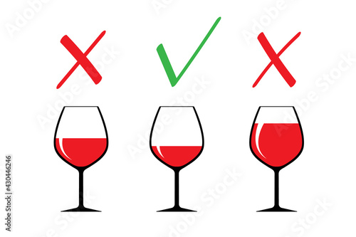 Red wine glasses silhouettes, beverage goblets.Alcohol drink icons on a white background.Simple logos.Right use concept.Correct and Incorrect options.Isolated. Vector illustration.