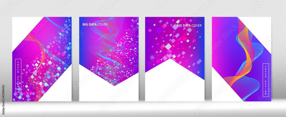 Music Covers Set. Big Data Neon Tech Wallpaper. Grunge Geometric Music Background Blue