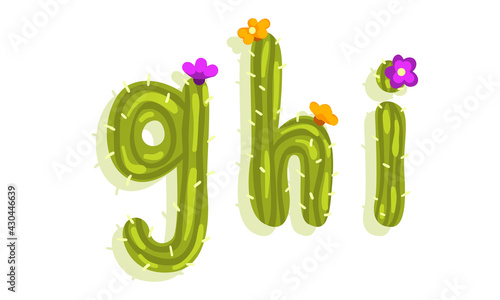 Latin Alphabet of Green Cactus with Blooming Flowers Vector Set