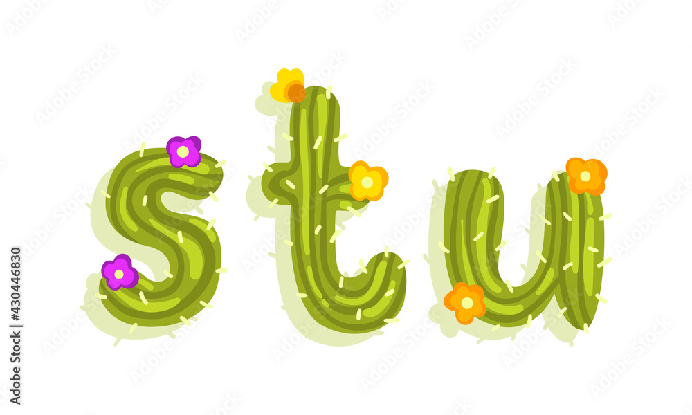 Obraz premium Latin Alphabet of Green Cactus with Blooming Flowers Vector Set