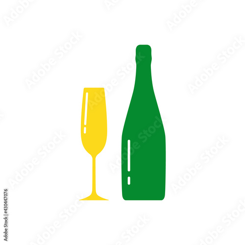 Champagne bottle and glasse silhouette,beverage container and goblet.Alcohol drink icon on a white background.Simple romantic logo.Shape basis for the design.Isolated. Vector illustration