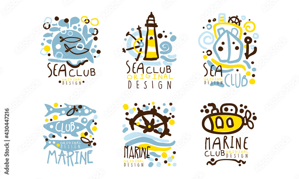 Sea Club Label Original Design with Yacht, Sea Fish and Lighthouse Vector Set