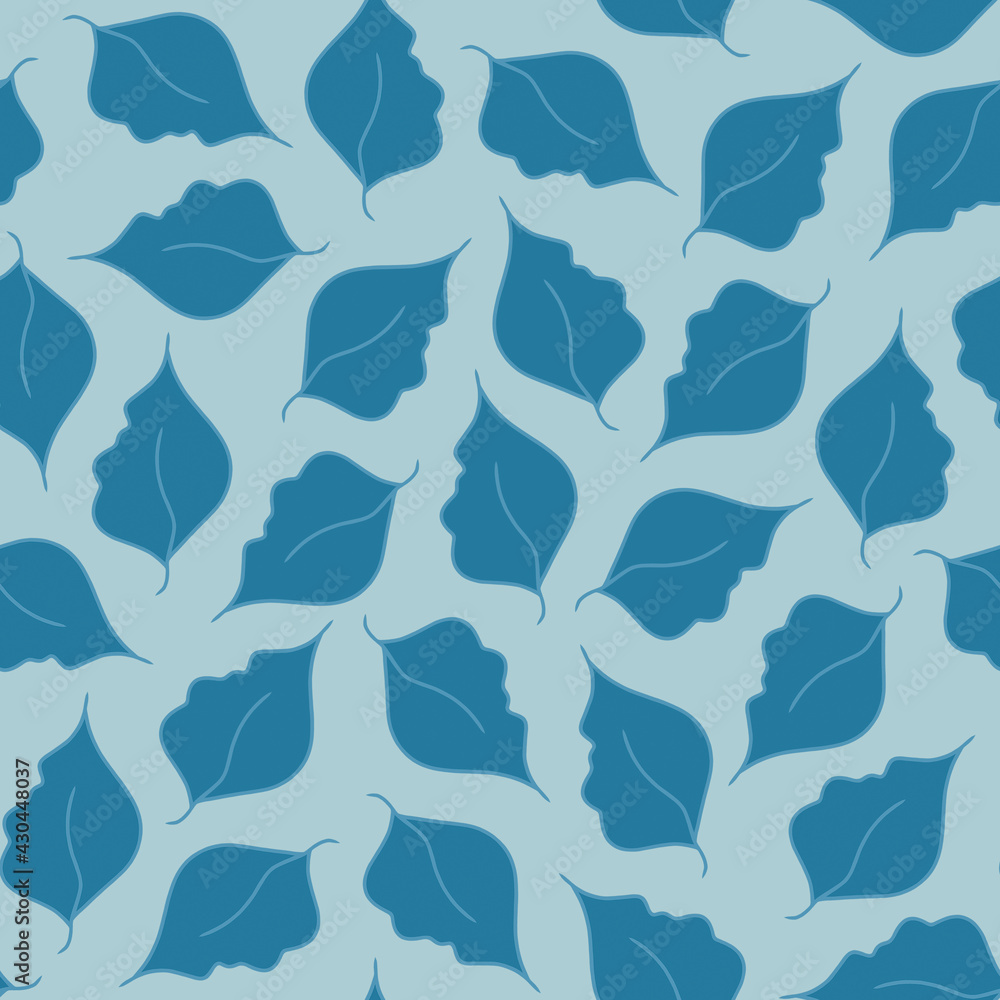 The leaves are blue on a light blue background. Seamless pattern. Hand drawn abstract print. For printing on fabric.